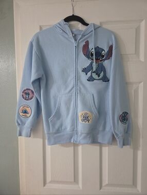 Disney Light Blue Kids Stitch Zip-Up Hoodie with Patches